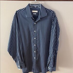 Michael Kors non iron men’s button down shirt white blue striped nautical 17.5